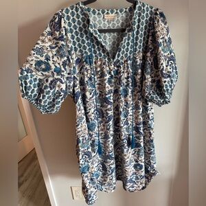 Knox Rose Cotton Blue White Floral Boho Paisley Balloon Puff Sleeve Smock Dress